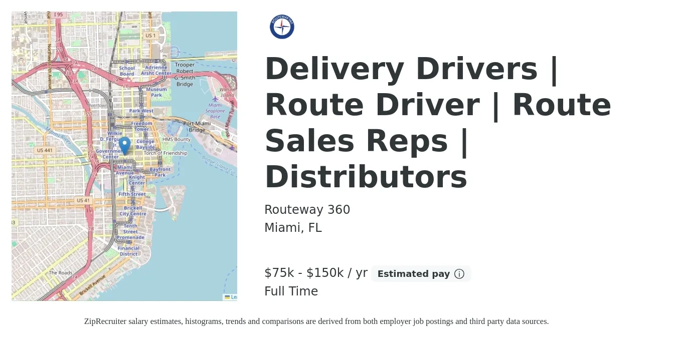 Routeway 360 job posting for a Delivery Drivers | Route Driver | Route Sales Reps | Distributors in Miami, FL with a salary of $75,000 to $150,000 Yearly with a map of Miami location.