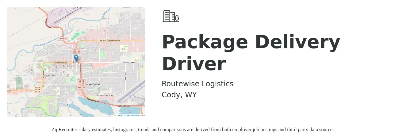 Routewise Logistics job posting for a Package Delivery Driver in Cody, WY with a salary of $160 Daily with a map of Cody location.
