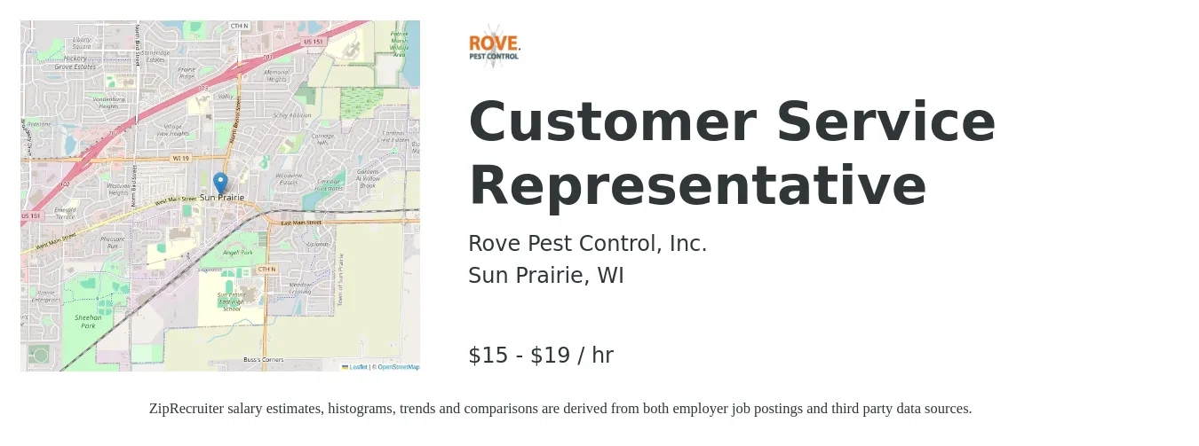 Rove Pest Control, Inc. job posting for a Customer Service Representative in Sun Prairie, WI with a salary of $16 to $20 Hourly with a map of Sun Prairie location.