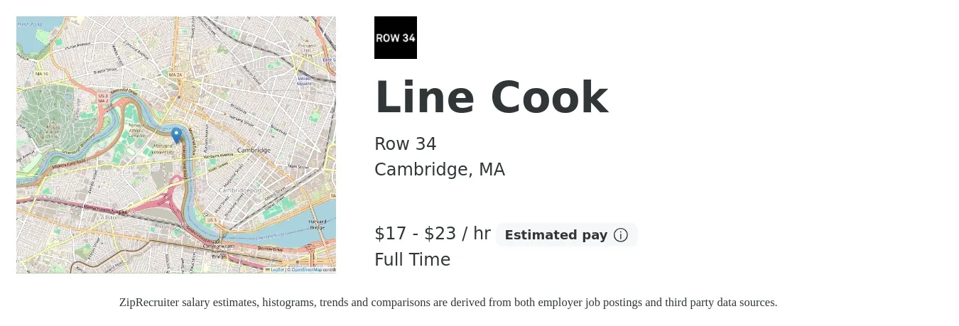 Row 34 job posting for a Line Cook in Cambridge, MA with a salary of $17 to $22 Hourly with a map of Cambridge location.