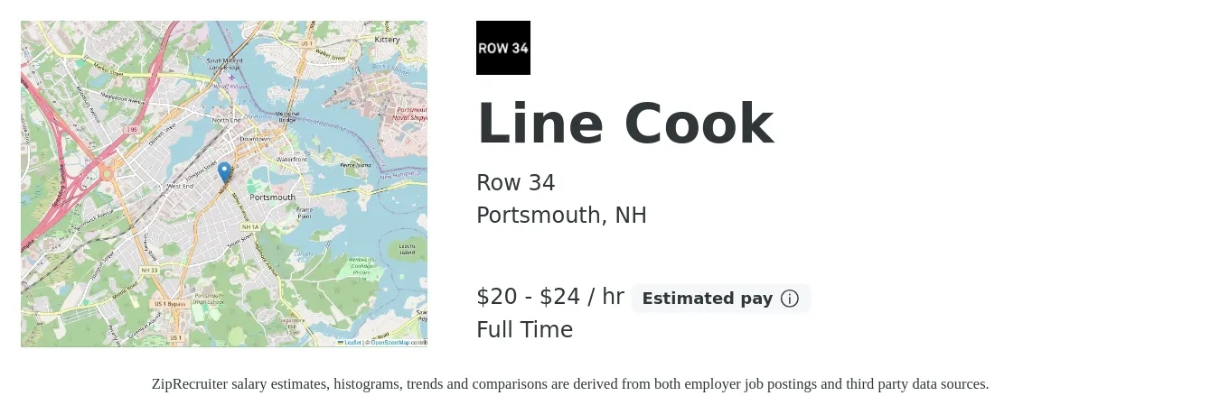 Row 34 job posting for a Line Cook in Portsmouth, NH with a salary of $21 to $25 Hourly with a map of Portsmouth location.