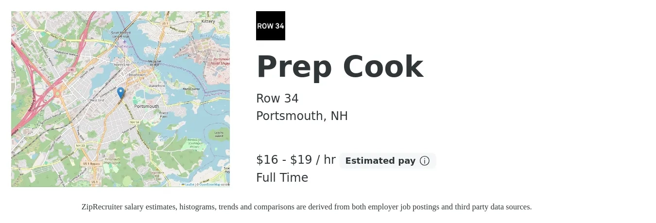 Row 34 job posting for a Prep Cook in Portsmouth, NH with a salary of $17 to $20 Hourly with a map of Portsmouth location.