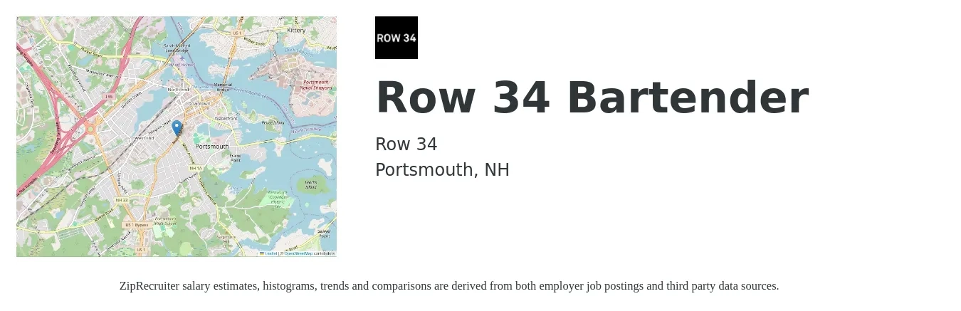 Row 34 job posting for a Row 34 - Bartender in Portsmouth, NH with a salary of $35 to $40 Hourly with a map of Portsmouth location.