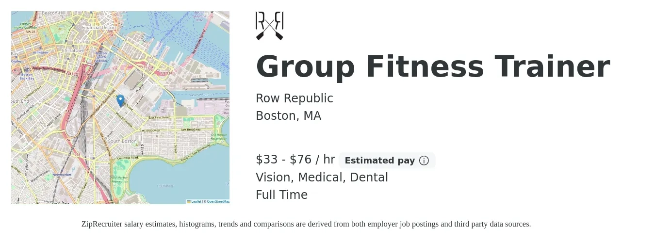 Row Republic job posting for a Group Fitness Trainer in Boston, MA with a salary of $35 to $80 Hourly and benefits including dental, medical, pto, and vision with a map of Boston location.