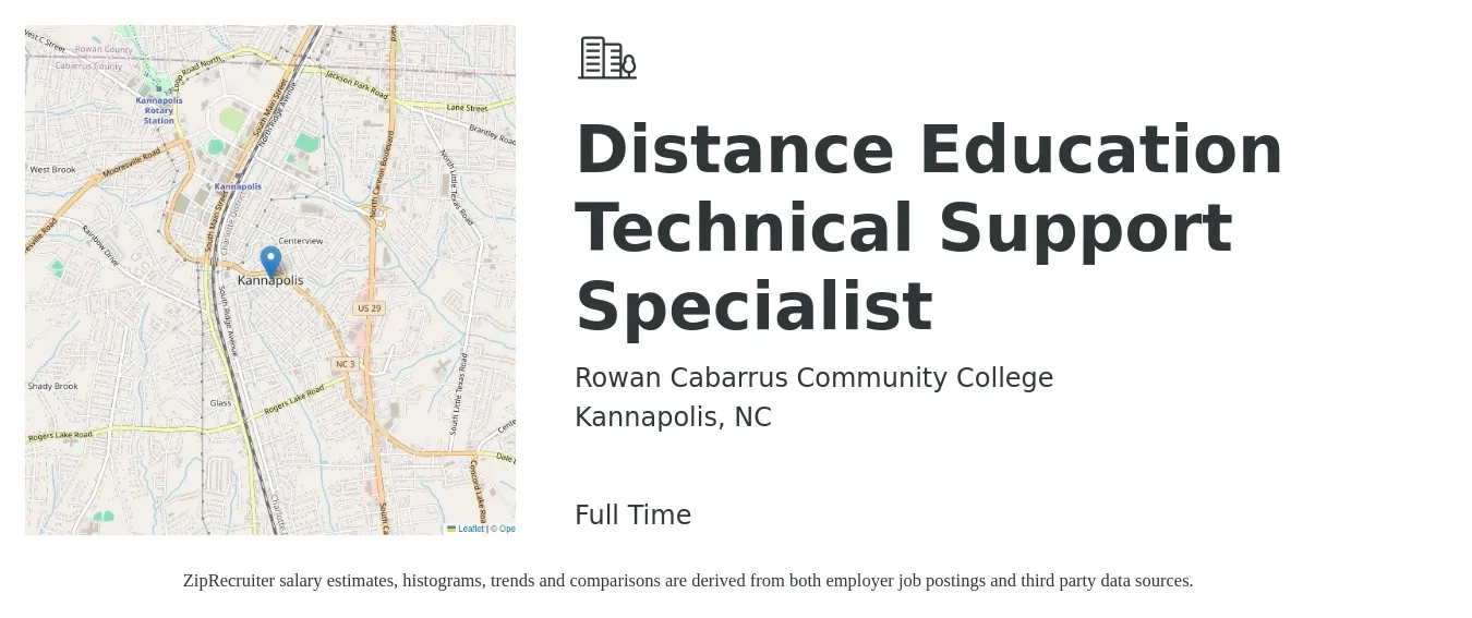 Rowan Cabarrus Community College job posting for a Distance Education Technical Support Specialist in Kannapolis, NC with a salary of $21 to $31 Hourly with a map of Kannapolis location.