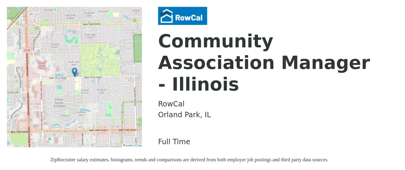RowCal job posting for a Community Association Manager - Illinois in Orland Park, IL with a salary of $47,300 to $67,500 Yearly with a map of Orland Park location.
