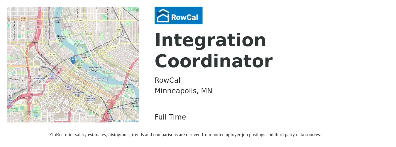 RowCal job posting for a Integration Coordinator in Minneapolis, MN with a salary of $23 to $37 Hourly with a map of Minneapolis location.