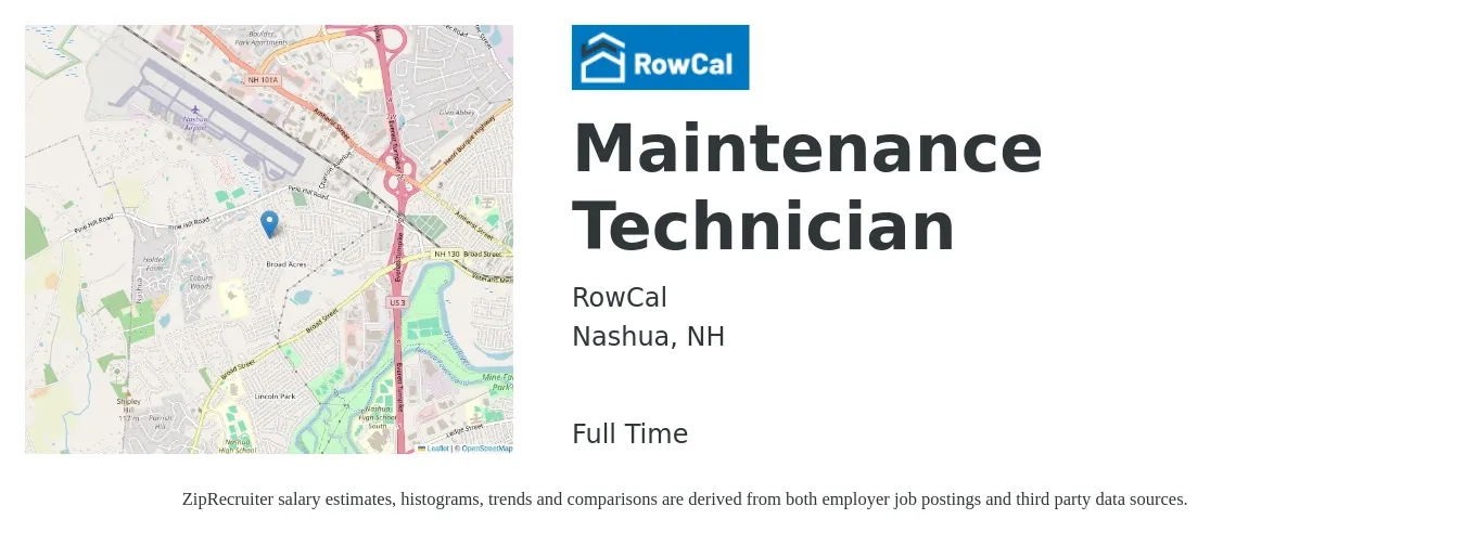 RowCal job posting for a Maintenance Technician in Nashua, NH with a salary of $20 to $27 Hourly with a map of Nashua location.
