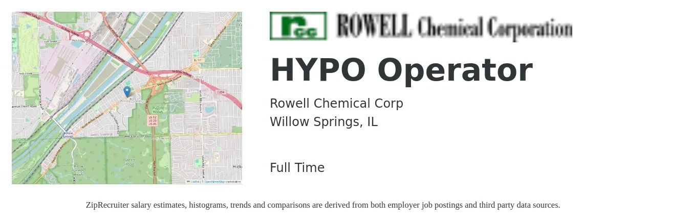 Rowell Chemical Corp job posting for a HYPO Operator in Willow Springs, IL with a salary of $18 to $23 Hourly with a map of Willow Springs location.