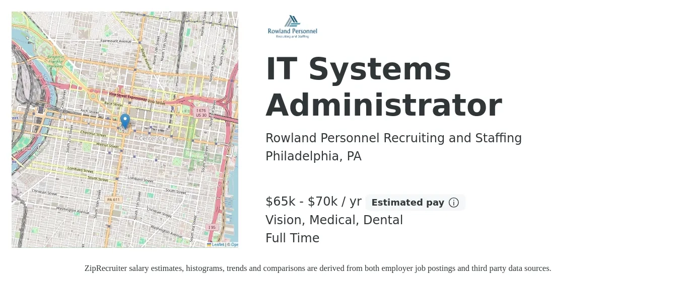 Rowland Personnel Recruiting and Staffing job posting for a IT Systems Administrator in Philadelphia, PA with a salary of $65,000 to $70,000 Yearly and benefits including vision, dental, life_insurance, medical, and retirement with a map of Philadelphia location.