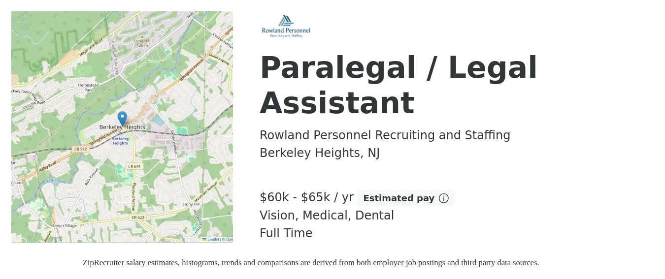 Rowland Personnel Recruiting and Staffing job posting for a Paralegal / Legal Assistant in Berkeley Heights, NJ with a salary of $60,000 to $65,000 Yearly and benefits including retirement, vision, dental, life_insurance, and medical with a map of Berkeley Heights location.