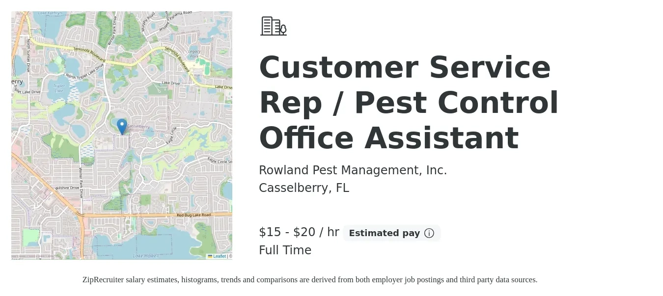 Rowland Pest Management, Inc. job posting for a Customer Service Rep / Pest Control Office Assistant in Casselberry, FL with a salary of $16 to $21 Hourly with a map of Casselberry location.