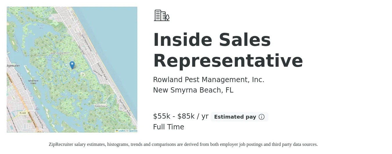 Rowland Pest Management, Inc. job posting for a Inside Sales Representative in New Smyrna Beach, FL with a salary of $55,000 to $85,000 Yearly with a map of New Smyrna Beach location.