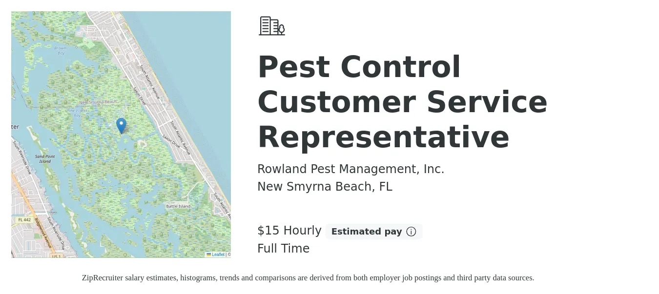 Rowland Pest Management, Inc. job posting for a Pest Control Customer Service Representative in New Smyrna Beach, FL with a salary of $16 Hourly with a map of New Smyrna Beach location.