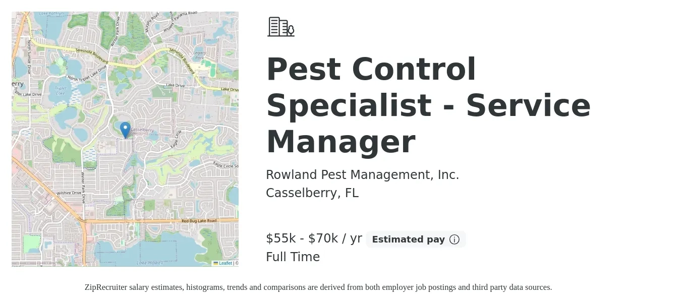 Rowland Pest Management, Inc. job posting for a Pest Control Specialist - Service Manager in Casselberry, FL with a salary of $55,000 to $70,000 Yearly with a map of Casselberry location.