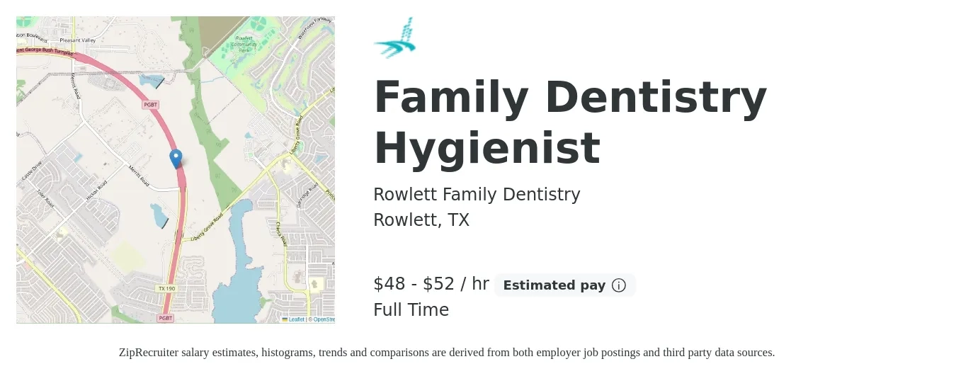Rowlett Family Dentistry job posting for a Family Dentistry Hygienist in Rowlett, TX with a salary of $50 to $55 Hourly with a map of Rowlett location.
