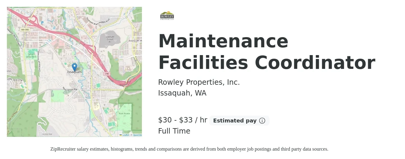 Rowley Properties, Inc. job posting for a Maintenance Facilities Coordinator in Issaquah, WA with a salary of $32 to $35 Hourly with a map of Issaquah location.