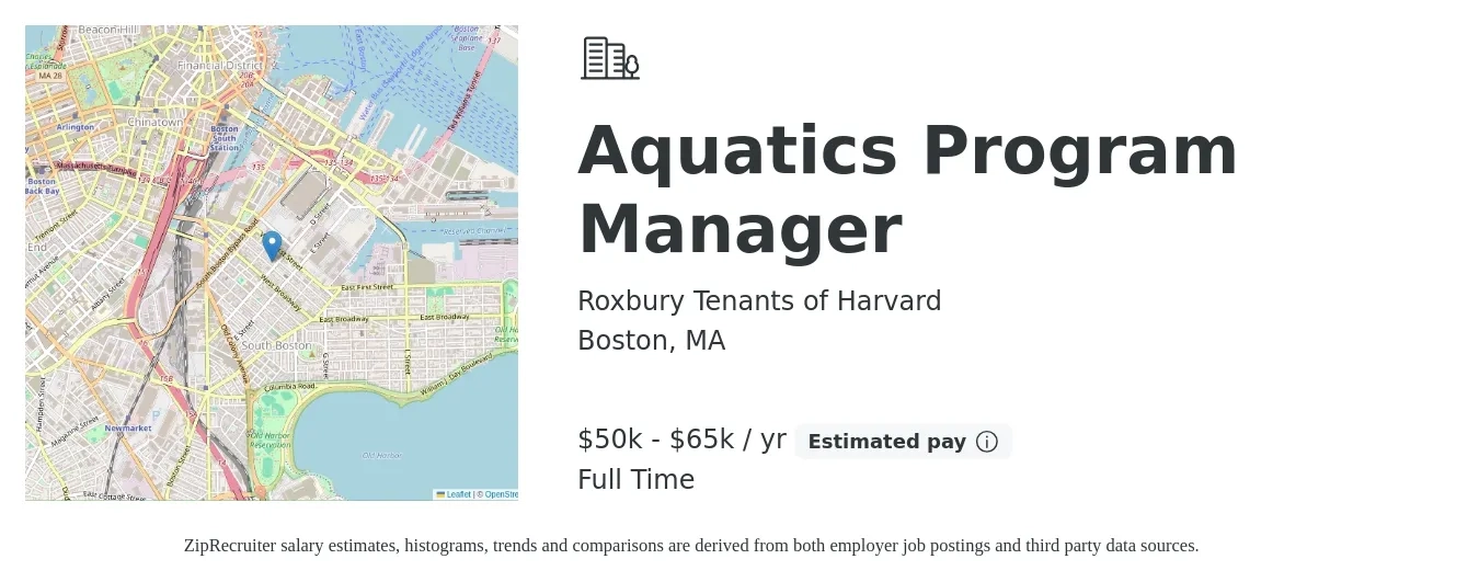 Roxbury Tenants of Harvard job posting for a Aquatics Program Manager in Boston, MA with a salary of $50,000 to $65,000 Yearly with a map of Boston location.