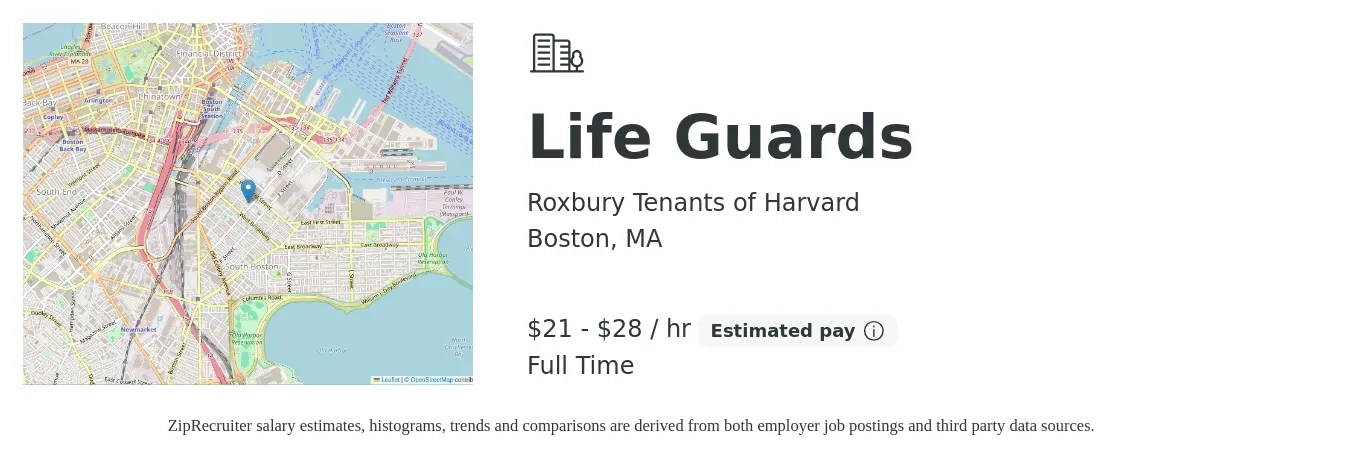 Roxbury Tenants of Harvard job posting for a Life Guards in Boston, MA with a salary of $22 to $30 Hourly with a map of Boston location.