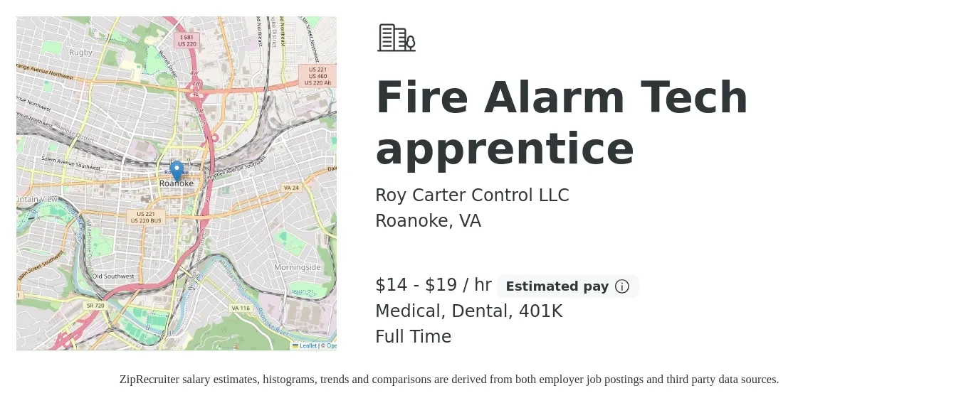 Roy Carter Control LLC job posting for a Fire Alarm Tech apprentice in Roanoke, VA with a salary of $15 to $20 Hourly and benefits including medical, 401k, and dental with a map of Roanoke location.