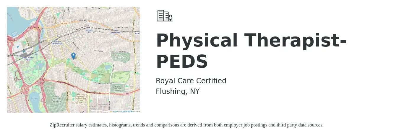Royal Care Certified job posting for a Physical Therapist- PEDS in Flushing, NY with a salary of $135 Hourly with a map of Flushing location.