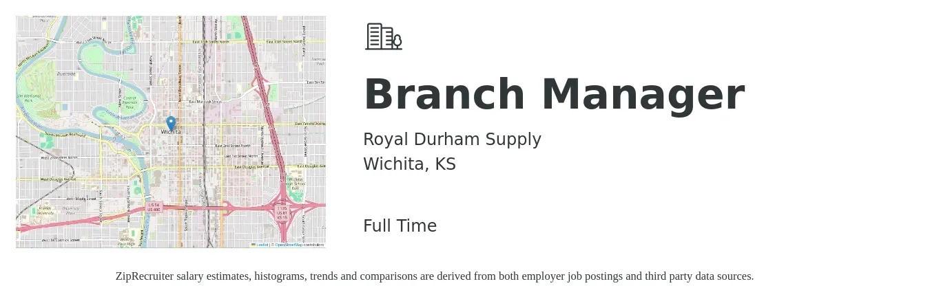 Royal Durham Supply job posting for a Branch Manager in Wichita, KS with a salary of $51,000 to $76,900 Yearly with a map of Wichita location.