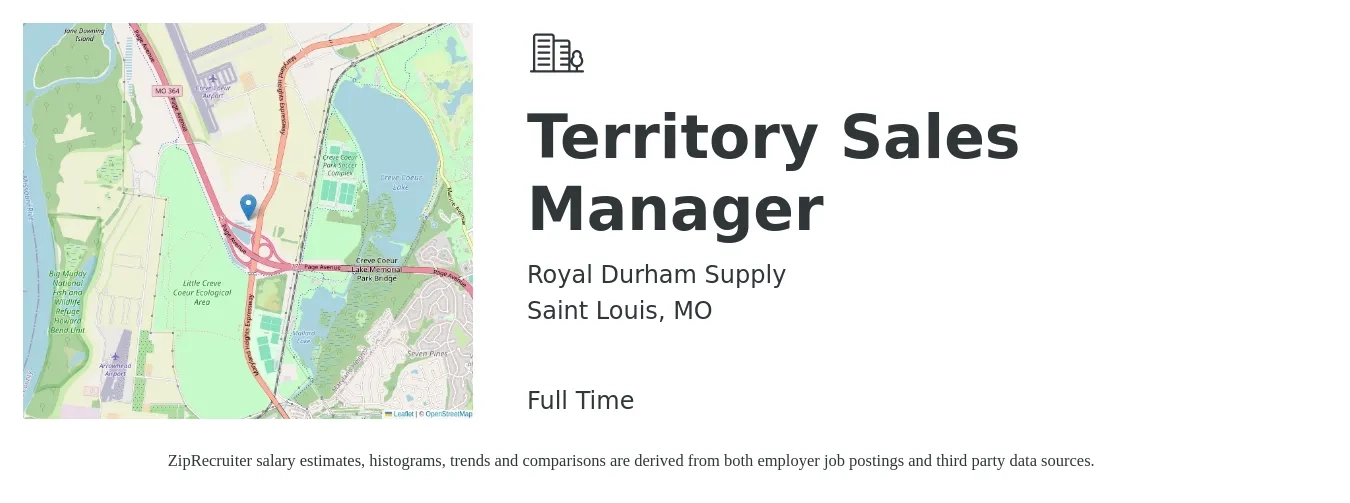 Royal Durham Supply job posting for a Territory Sales Manager in Saint Louis, MO with a salary of $62,700 to $96,200 Yearly with a map of Saint Louis location.