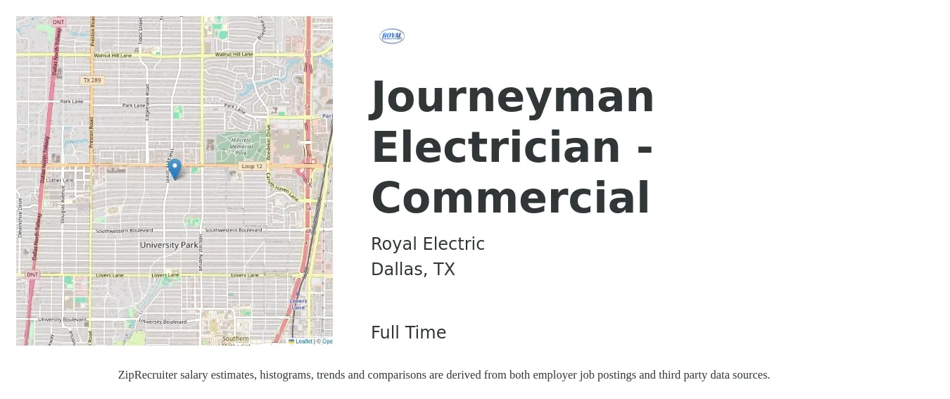 Royal Electric job posting for a Journeyman Electrician - Commercial in Dallas, TX with a salary of $35 to $45 Hourly with a map of Dallas location.