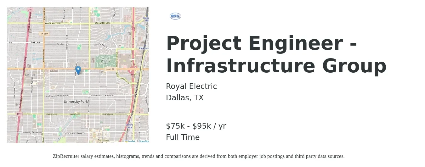 Royal Electric job posting for a Project Engineer - Infrastructure Group in Dallas, TX with a salary of $75,000 to $95,000 Yearly with a map of Dallas location.