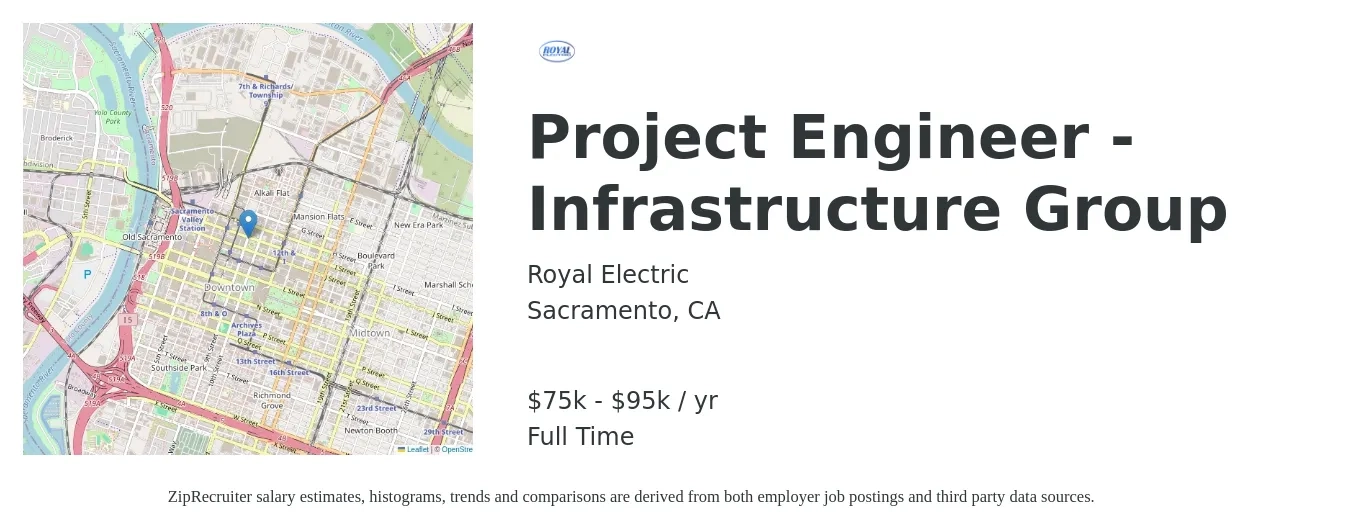 Royal Electric job posting for a Project Engineer - Infrastructure Group in Sacramento, CA with a salary of $75,000 to $95,000 Yearly with a map of Sacramento location.