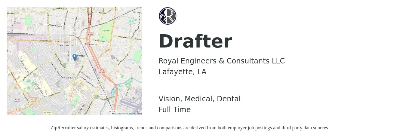 Royal Engineers & Consultants LLC job posting for a Drafter in Lafayette, LA with a salary of $21 to $30 Hourly and benefits including vision, dental, life_insurance, medical, and retirement with a map of Lafayette location.