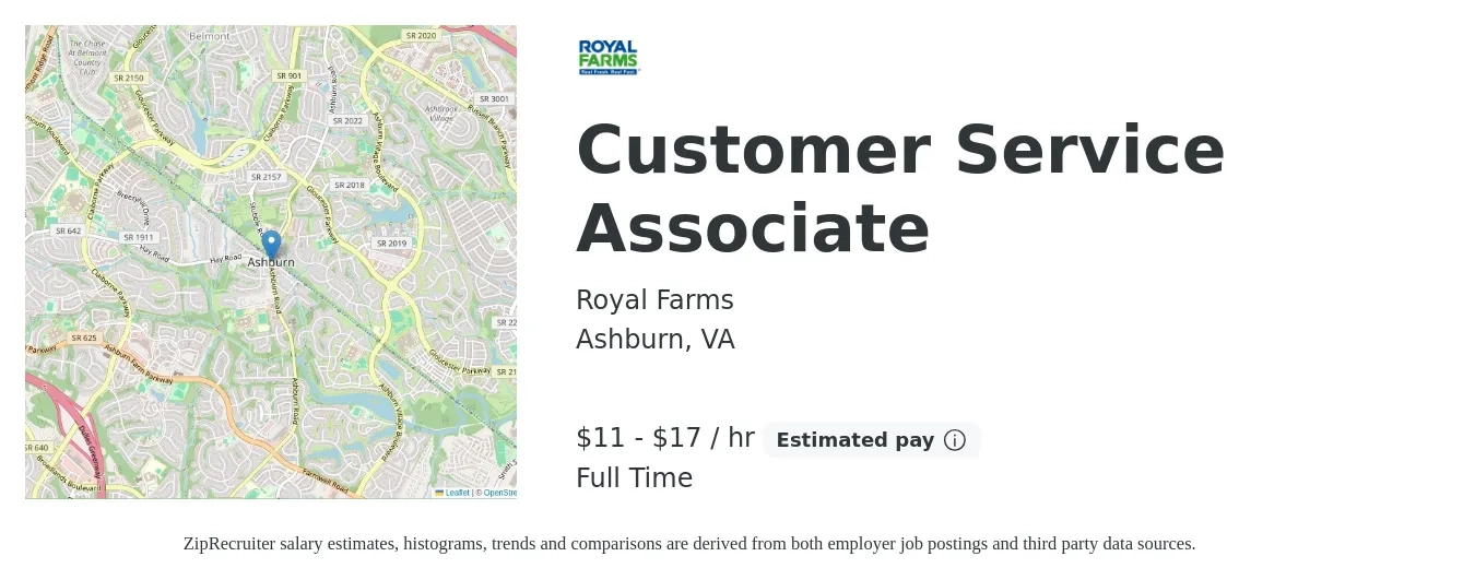 Royal Farms job posting for a Customer Service Associate in Ashburn, VA with a salary of $12 to $18 Hourly with a map of Ashburn location.