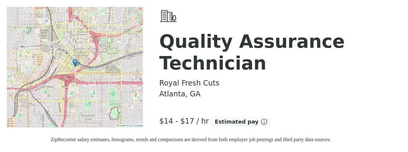 Royal Fresh Cuts job posting for a Quality Assurance Technician in Atlanta, GA with a salary of $16 to $18 Hourly with a map of Atlanta location.
