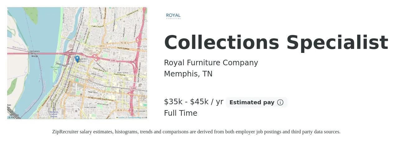 Royal Furniture Company job posting for a Collections Specialist in Memphis, TN with a salary of $35,000 to $45,000 Yearly with a map of Memphis location.