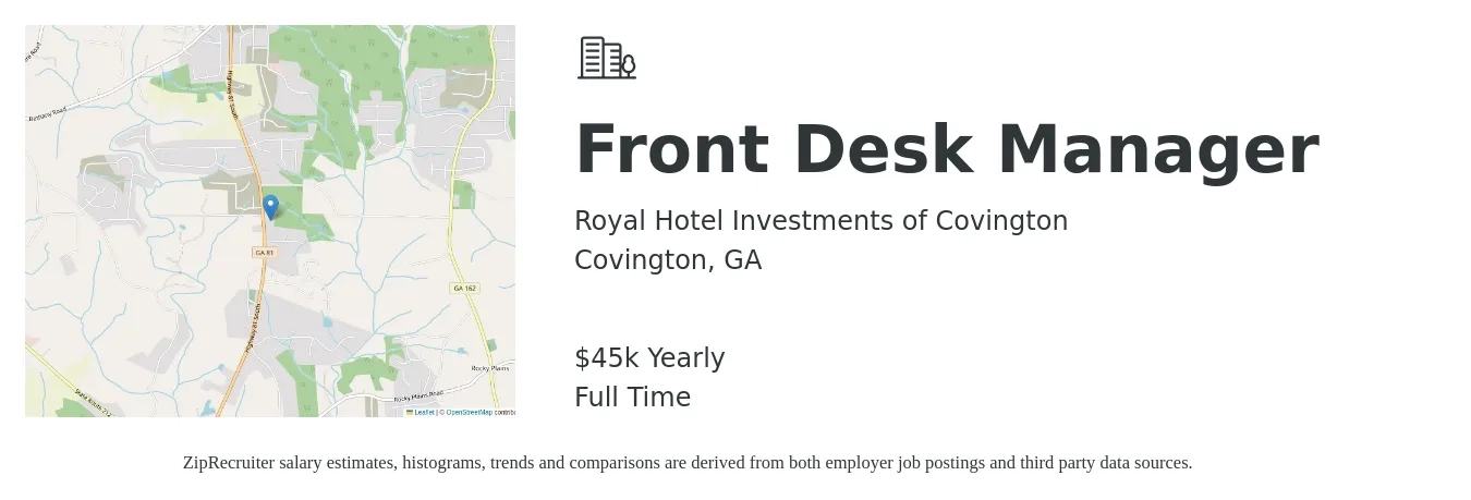 Royal Hotel Investments of Covington job posting for a Front Desk Manager in Covington, GA with a salary of $45,000 Yearly with a map of Covington location.