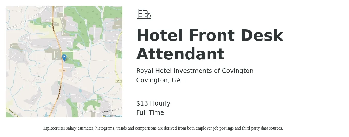 Royal Hotel Investments of Covington job posting for a Hotel Front Desk Attendant in Covington, GA with a salary of $14 Hourly with a map of Covington location.