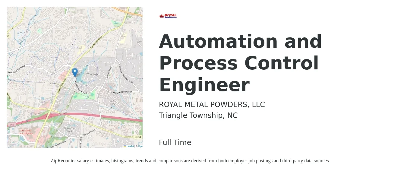 ROYAL METAL POWDERS, LLC job posting for a Automation and Process Control Engineer in Triangle Township, NC with a salary of $79,600 to $123,000 Yearly with a map of Triangle Township location.