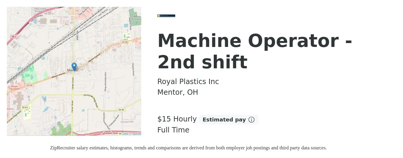 Royal Plastics Inc job posting for a Machine Operator - 2nd shift in Mentor, OH with a salary of $16 Hourly with a map of Mentor location.