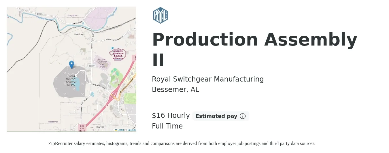 Royal Switchgear Manufacturing job posting for a Production Assembly II in Bessemer, AL with a salary of $17 Hourly with a map of Bessemer location.
