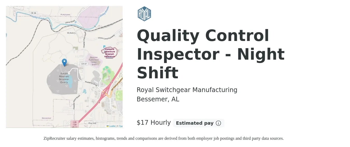 Royal Switchgear Manufacturing job posting for a Quality Control Inspector - Night Shift in Bessemer, AL with a salary of $18 Hourly with a map of Bessemer location.