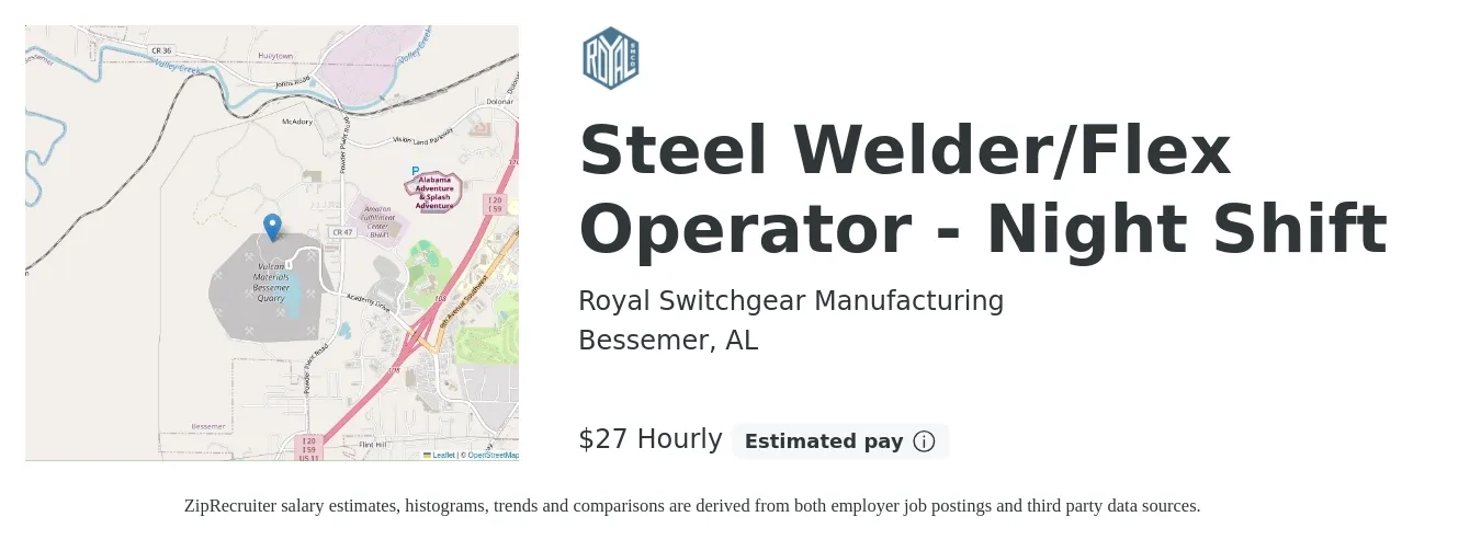 Royal Switchgear Manufacturing job posting for a Steel Welder/Flex Operator - Night Shift in Bessemer, AL with a salary of $29 Hourly with a map of Bessemer location.