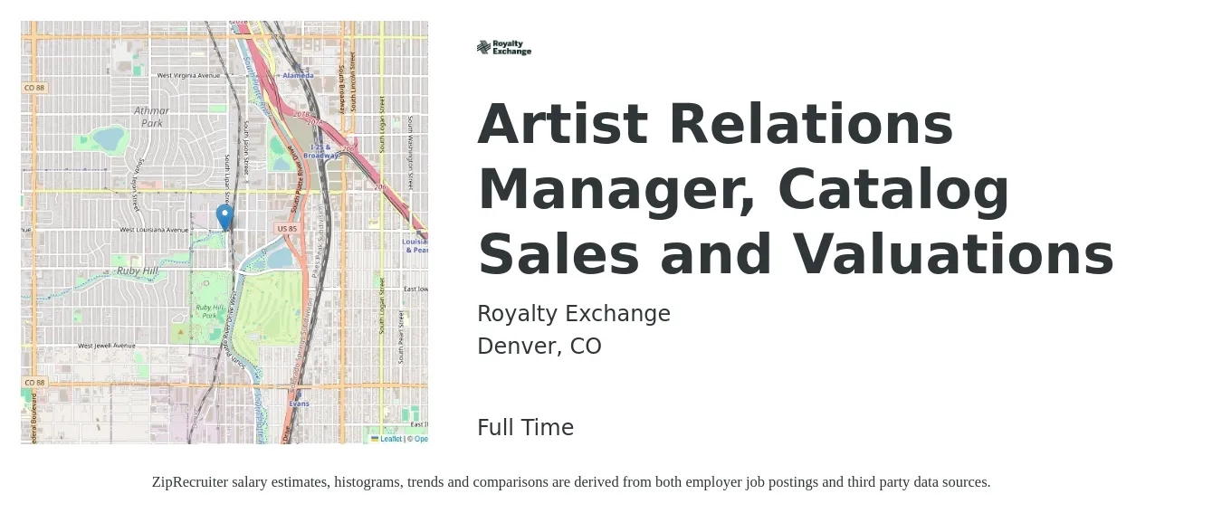 Royalty Exchange job posting for a Artist Relations Manager, Catalog Sales and Valuations in Denver, CO with a salary of $85,000 to $100,000 Yearly with a map of Denver location.