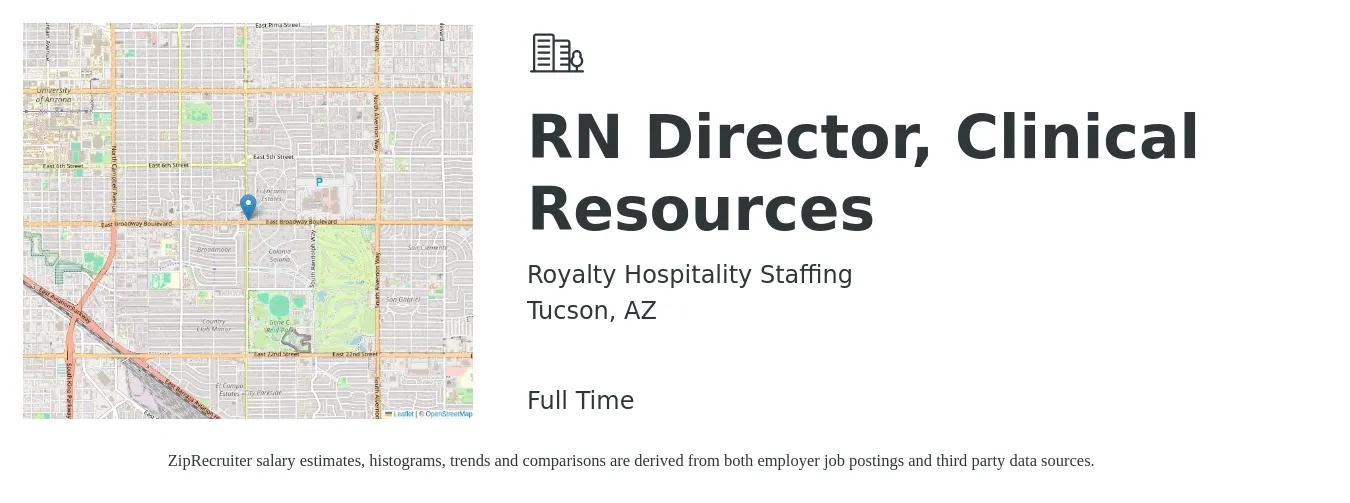 Royalty Hospitality Staffing job posting for a RN Director, Clinical Resources in Tucson, AZ with a salary of $78,500 to $118,700 Yearly with a map of Tucson location.