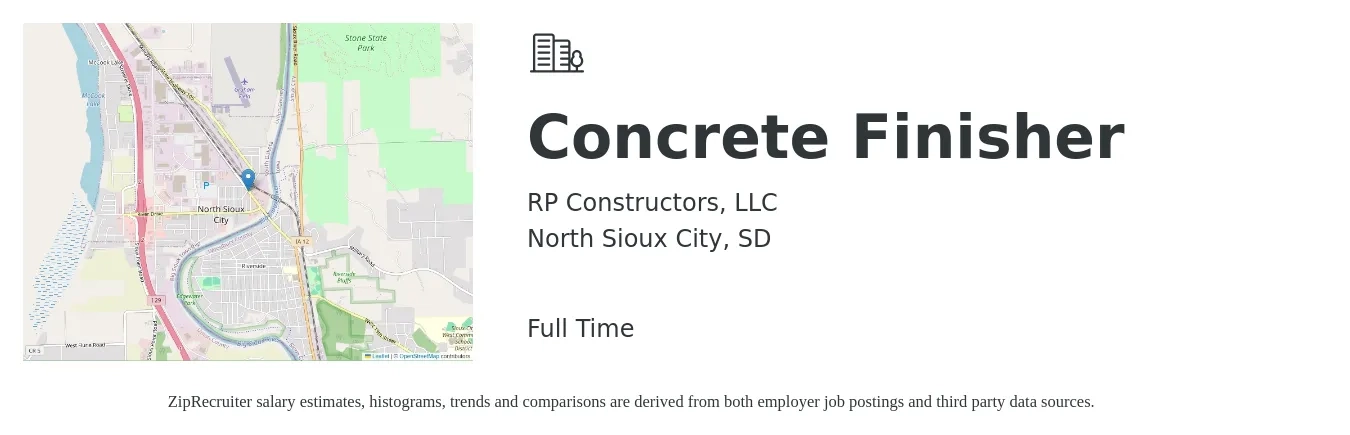 RP Constructors, LLC job posting for a Concrete Finisher in North Sioux City, SD with a salary of $20 to $27 Hourly with a map of North Sioux City location.