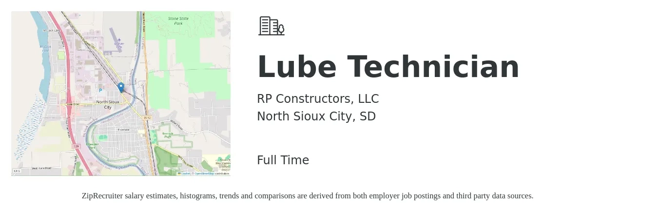 RP Constructors, LLC job posting for a Lube Technician in North Sioux City, SD with a salary of $13 to $18 Hourly with a map of North Sioux City location.