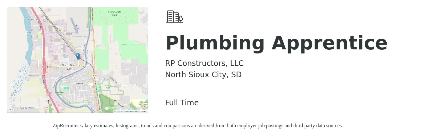 RP Constructors, LLC job posting for a Plumbing Apprentice in North Sioux City, SD with a salary of $16 to $22 Hourly with a map of North Sioux City location.