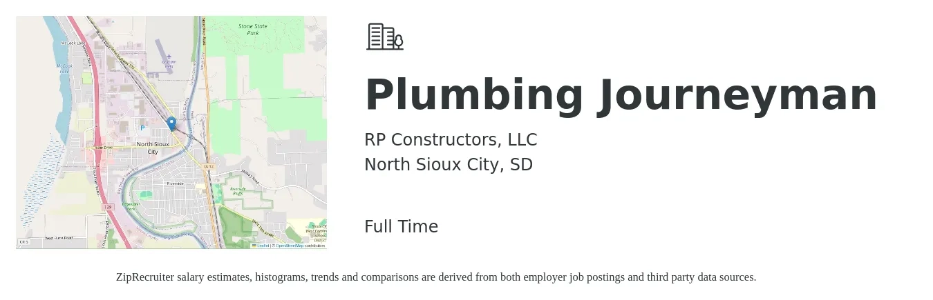 RP Constructors, LLC job posting for a Plumbing Journeyman in North Sioux City, SD with a salary of $27 to $38 Hourly with a map of North Sioux City location.