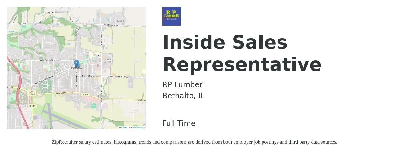 RP Lumber job posting for a Inside Sales Representative in Bethalto, IL with a salary of $37,700 to $56,400 Yearly with a map of Bethalto location.