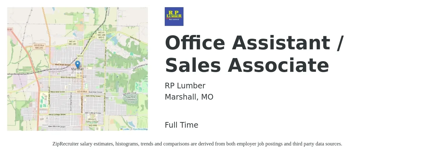 RP Lumber job posting for a Office Assistant / Sales Associate in Marshall, MO with a salary of $13 to $18 Hourly with a map of Marshall location.