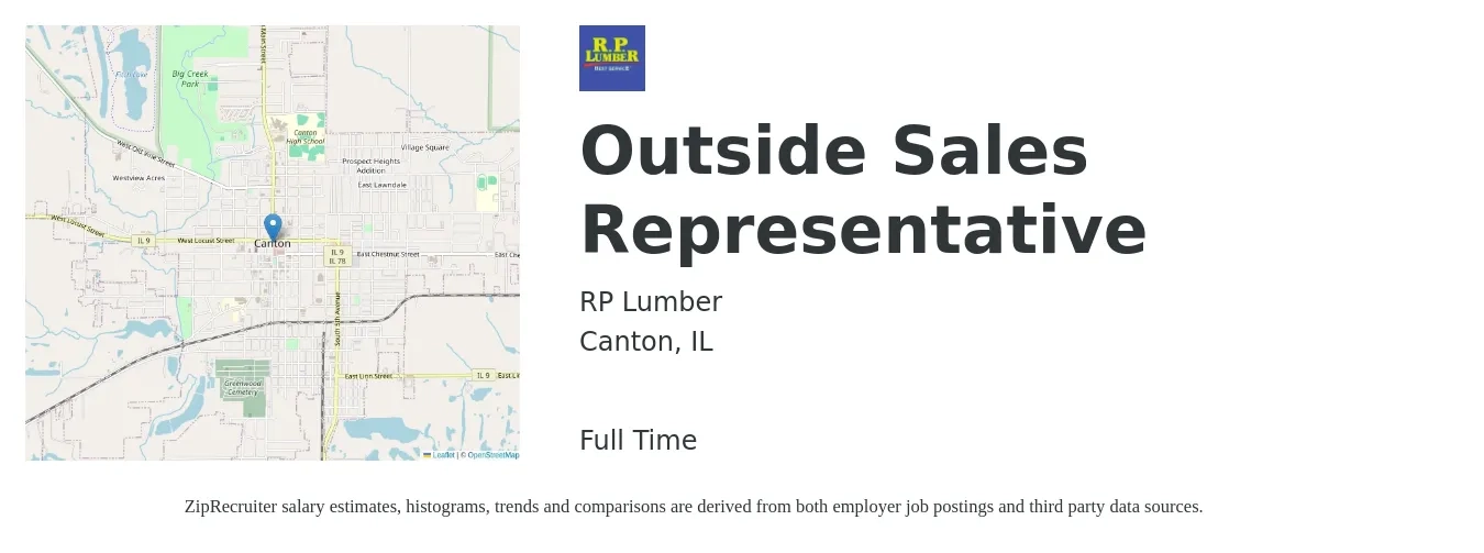 RP Lumber job posting for a Outside Sales Representative in Canton, IL with a salary of $50,100 to $85,800 Yearly with a map of Canton location.